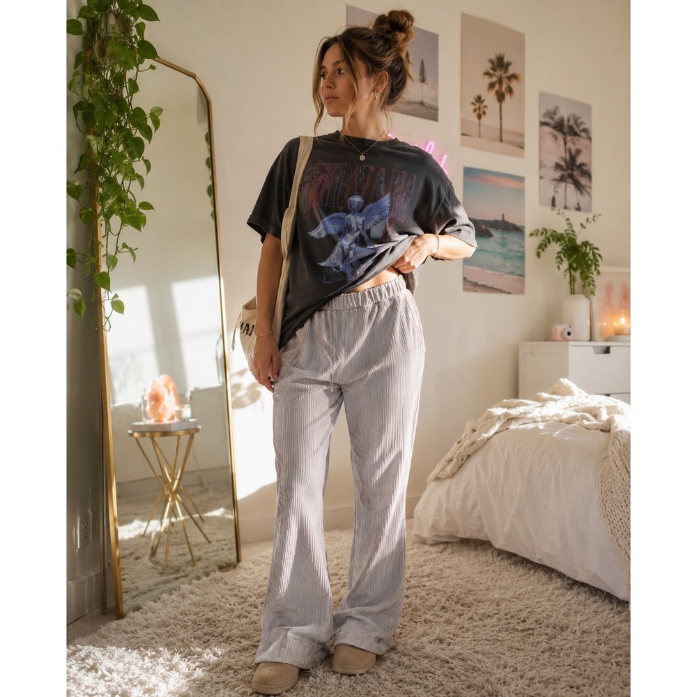 A‎ New Day Grey Ribbed Velvet Joggers XL Elastic Waist Lounge Pants Pockets